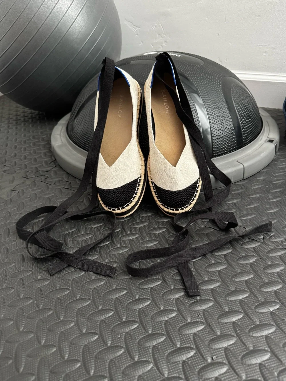 Rothy's Black and Cream Ankle-Tie Espadrille Flats